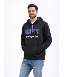 Patagonia Men’s P-6 Logo Uprisal Hoodie Black with Blue Accents, Stylish & Cozy